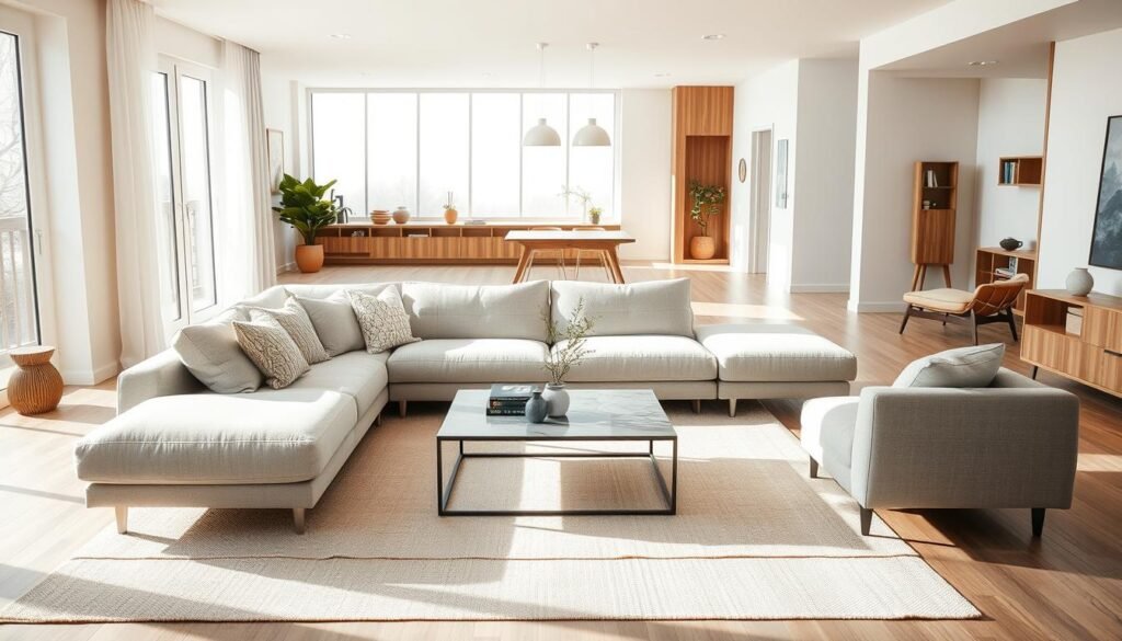 A spacious and airy living room interior, designed with balance and harmony in mind. In the foreground, a soft beige area rug anchors a light gray sectional sofa adorned with textured throw pillows. A sleek coffee table sits centrally, showcasing minimalist decor such as a potted plant and a stack of art books. In the middle ground, a large window allows bright natural light to fill the space, highlighting wood accents and a subtle color palette of soft whites and muted earth tones. The background features an open layout that flows into a cozy reading nook with a stylish armchair and a small bookshelf, creating a feeling of openness. The overall atmosphere is serene and inviting, radiating a sense of tranquility. Soft sunlight enhances the warm ambience, promoting a feeling of breathability in the design. A spacious and airy living room interior, designed with balance and harmony in mind. In the foreground, a soft beige area rug anchors a light gray sectional sofa adorned with textured throw pillows. A sleek coffee table sits centrally, showcasing minimalist decor such as a potted plant and a stack of art books. In the middle ground, a large window allows bright natural light to fill the space, highlighting wood accents and a subtle color palette of soft whites and muted earth tones. The background features an open layout that flows into a cozy reading nook with a stylish armchair and a small bookshelf, creating a feeling of openness. The overall atmosphere is serene and inviting, radiating a sense of tranquility. Soft sunlight enhances the warm ambience, promoting a feeling of breathability in the design.