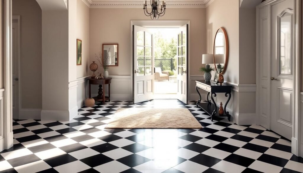 A spacious entryway featuring a striking black and white checkered floor that creates a bold statement. In the foreground, a meticulously arranged area rug adds warmth, while a stylish console table holds decorative elements like a minimalist vase and an elegant mirror. The mid-ground showcases a wide open door leading to a sunlit garden, enhancing the feeling of openness. In the background, walls painted in soft, neutral tones provide a calming contrast to the vibrant flooring. The scene is illuminated by bright natural light streaming in from the door, casting soft shadows that add depth. The atmosphere is welcoming and airy, perfect for a personal yet practical entryway that can withstand everyday traffic.