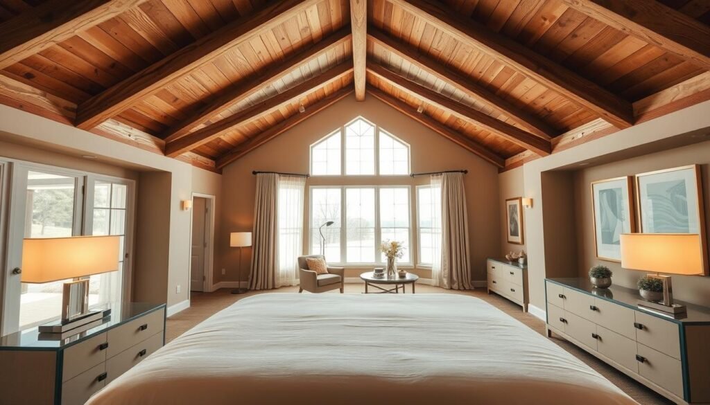 A spacious master bedroom featuring elegant vaulted ceilings, showcasing natural wood beams. The foreground includes a plush king-sized bed adorned with soft, neutral-toned bedding and decorative pillows. On either side, stylish nightstands hold modern lamps casting a warm glow. In the middle, a cozy seating area with a chic armchair and a small coffee table invites relaxation. The background reveals large windows allowing bright, natural light to flood in, enhancing the airy atmosphere. Light, gentle curtains billow softly in the breeze. The walls are painted in calming earth tones, while tasteful artwork adds character. The overall mood is serene and inviting, perfect for a comfortable retreat. Image captured with a wide angle lens to emphasize the room's spaciousness and architecture.