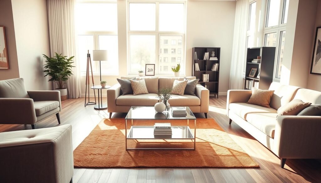 A spacious, modern living room with a well-thought-out furniture arrangement emphasizing visual weight distribution. In the foreground, a plush, neutral-colored sofa faces a stylish coffee table, featuring balanced decorative elements. To one side, a visually heavier armchair complements a standing lamp, while an elegant bookshelf occupies the opposite corner, creating symmetry. The middle ground showcases a warm, inviting area rug that anchors the layout. In the background, large windows allow bright, soft sunlight to stream in, illuminating the space with a cheerful ambiance. Use a slightly elevated angle to capture the entire room, creating a sense of openness. The overall mood is calm and harmonious, reflecting a professional yet cozy atmosphere ideal for relaxation and conversation. A spacious, modern living room with a well-thought-out furniture arrangement emphasizing visual weight distribution. In the foreground, a plush, neutral-colored sofa faces a stylish coffee table, featuring balanced decorative elements. To one side, a visually heavier armchair complements a standing lamp, while an elegant bookshelf occupies the opposite corner, creating symmetry. The middle ground showcases a warm, inviting area rug that anchors the layout. In the background, large windows allow bright, soft sunlight to stream in, illuminating the space with a cheerful ambiance. Use a slightly elevated angle to capture the entire room, creating a sense of openness. The overall mood is calm and harmonious, reflecting a professional yet cozy atmosphere ideal for relaxation and conversation.