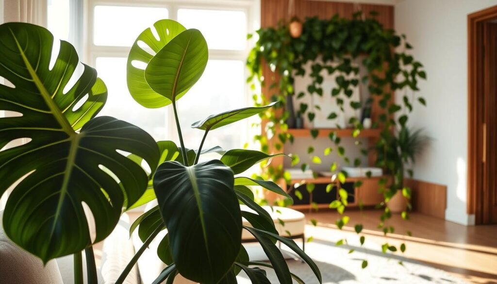 A striking arrangement of statement plants designed to elevate a modern living space, featuring a large Monstera Deliciosa with its iconic split leaves in the foreground. Next to it, a vibrant Fiddle Leaf Fig adds height and drama, while a cascading Pothos trails elegantly from a stylish shelf in the middle ground. The background showcases a soft, airy room bathed in bright natural light, with large windows allowing sunlight to filter in gently, highlighting the rich textures of the plants. The setting includes warm wooden accents and minimalist décor, creating a serene and inviting atmosphere. Use a soft focus lens effect to emphasize the feeling of tranquility and well-being in the space.