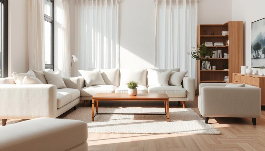 A stylish and calm living room interior, featuring soft neutral tones. In the foreground, a plush light-colored sofa adorned with gentle pastel throw pillows. A simple, elegantly designed wooden coffee table with a small potted plant sits in front of it. In the middle, a cozy rug balances the space, enhancing the serene atmosphere. Subtle wooden accents, like a bookshelf with neatly arranged books and decorative items, bring a touch of nature indoors. Natural light streams through large windows, casting soft shadows across the room. The background features light curtains fluttering slightly in a gentle breeze. The overall mood is peaceful and inviting, designed to create a sense of tranquility without feeling staged.