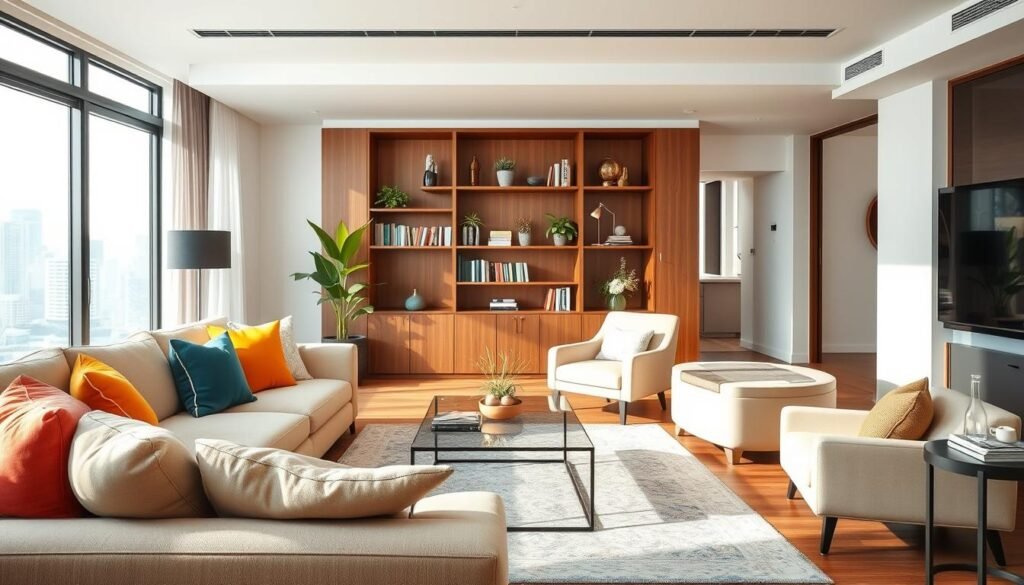 A stylish condo living room designed for real lifestyle engagement, featuring an open layout with comfortable furniture that invites relaxation and social interaction. In the foreground, a plush beige sofa adorned with colorful throw pillows, paired with a sleek coffee table. The middle section showcases a wooden bookshelf filled with books and decorative plants, while a cozy armchair sits beside a large window letting in bright, natural light. The background reveals a subtle view of a cityscape through glass doors, creating an airy atmosphere. Use soft sunlight filtering through sheer curtains for a warm, inviting glow. Shot from a slightly elevated angle, focusing on the harmonious arrangement and functional design elements that reflect everyday living. A stylish condo living room designed for real lifestyle engagement, featuring an open layout with comfortable furniture that invites relaxation and social interaction. In the foreground, a plush beige sofa adorned with colorful throw pillows, paired with a sleek coffee table. The middle section showcases a wooden bookshelf filled with books and decorative plants, while a cozy armchair sits beside a large window letting in bright, natural light. The background reveals a subtle view of a cityscape through glass doors, creating an airy atmosphere. Use soft sunlight filtering through sheer curtains for a warm, inviting glow. Shot from a slightly elevated angle, focusing on the harmonious arrangement and functional design elements that reflect everyday living.