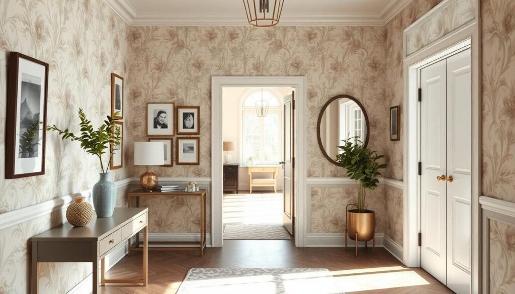 A stylish entrance foyer featuring a striking statement wall, adorned with elegant wallpaper that showcases a modern floral pattern in soft pastel colors. The foreground includes a sleek console table with a decorative vase and a small indoor plant, enhancing the personal touch. In the middle ground, the statement wall acts as a focal point, with an arrangement of framed artwork and a stylish wall mirror reflecting the natural light. The background showcases an open doorway leading to a brightly lit hallway, filled with soft sunlight illuminating the entire scene. Capture the atmosphere of a welcoming and airy space, focusing on realism in home décor and woodworking, with bright, natural light enhancing the overall warmth and charm of the entryway.