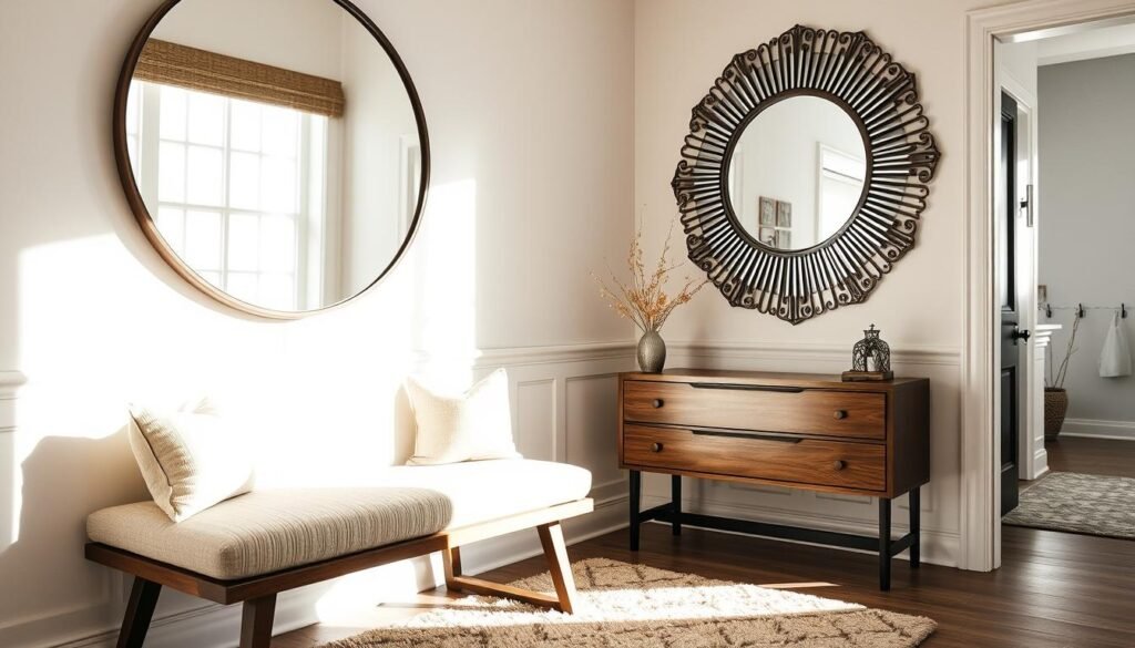 A stylish entryway featuring a beautifully arranged mirror and bench. In the foreground, a sleek wooden bench with soft, textured cushions invites seating. Above it, a large, ornate round mirror reflects soft, natural light cascading through a nearby window, enhancing the airy feel. In the middle ground, a plush area rug complements the bench, adding warmth to the space. The background shows tasteful wall décor, perhaps a few subtle paintings or hooks for coats, creating an organized yet welcoming atmosphere. The room is bathed in bright, soft sunlight, creating a serene and inviting ambience. The angle of the shot is slightly elevated, capturing both the mirror and bench in a cohesive view, while emphasizing the optimal flow of the entryway design.