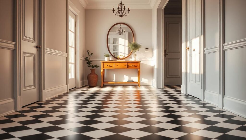 A stylish entryway featuring a classic black and white checkerboard floor, elegantly laid out to create a bold and inviting first impression. The foreground showcases the intricate tile pattern, while the middle ground highlights a cozy, well-decorated space with a tasteful wooden console table adorned with small potted plants and a minimalist mirror. In the background, a softly glowing window allows warm natural light to filter in, casting gentle shadows that enhance the texture of the flooring. The atmosphere is bright and airy, evoking a sense of warmth and comfort, perfect for a welcoming home. Captured with a wide-angle lens to emphasize depth, the image radiates positivity and charm.