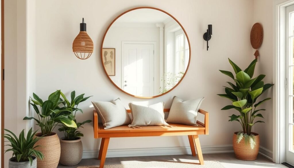 A stylish entryway featuring a large, round mirror above a wooden bench. The bench, crafted from warm wood, is adorned with soft, decorative cushions in neutral tones. The mirror reflects the natural light streaming in through a nearby window, enhancing the sense of space. Surrounding the entryway, potted plants add a touch of greenery, creating a fresh and inviting atmosphere. The walls are painted in a soft, light color, and textured elements like a woven rug or wall art complement the overall design. This composition is captured in bright, airy lighting, evoking a welcoming feel. The image should be shot from a slightly elevated angle to showcase both the mirror and bench harmoniously placed.