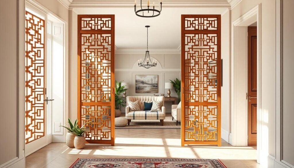 A stylish entryway featuring elegant room dividers that create a seamless transition into a cozy living room. In the foreground, showcase two modern wooden dividers with intricate patterns, separating the spaces while maintaining an open feel. In the middle ground, include a well-decorated entryway with a small welcoming bench, potted plants, and soft rugs, enhancing the inviting atmosphere. The background reveals a spacious living room with comfortable seating, warm colors, and tasteful décor, giving a sense of harmony. Illuminate the scene with bright, natural light streaming through windows, highlighting the textures of the wood and textiles. Capture the image from a slightly elevated angle to showcase the layout, creating a fresh and airy mood that emphasizes balance and completeness in home design.
