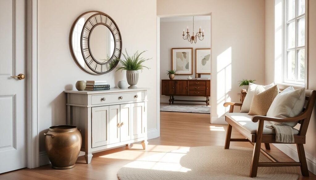 A stylish entryway showcasing a chic console table against a soft-colored wall. The console table features elegant decor items, such as a small potted plant, a decorative mirror, and a few books. To the right, a comfortable wooden bench with plush cushions invites relaxation. The floor is adorned with a light, textured rug, adding warmth to the space. The image captures soft sunlight streaming through a nearby window, creating a bright and airy atmosphere. In the background, subtle hints of a welcoming living room are visible, with tasteful artwork and a hint of greenery peeking in. Use a wide-angle perspective to emphasize the openness of the entryway, evoking a sense of home and comfort.