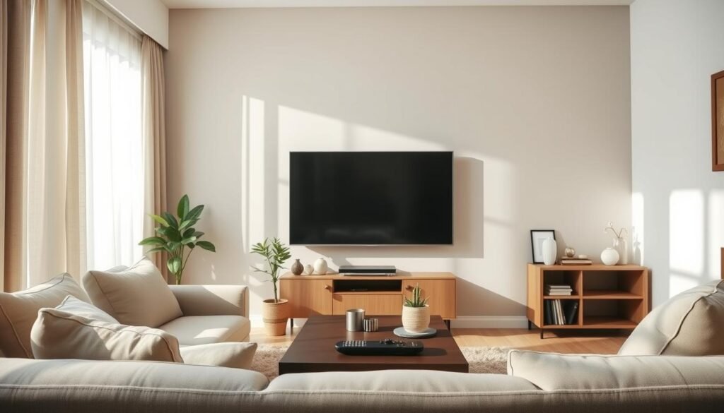A stylish living room featuring a mounted flat-screen TV, showcasing the ideal mounting height on a smooth, neutral-toned wall. In the foreground, a comfortable sofa with soft cushions in muted colors faces the TV. On the coffee table, a stylish remote and a couple of decorative items sit in bright natural light filtering through sheer curtains, casting gentle shadows. The middle ground includes a cozy area rug and a potted plant, adding warmth and life to the space. In the background, a tasteful bookshelf displays curated decor. The atmosphere is serene and inviting, reflecting a well-thought-out living space. Use a wide-angle lens to emphasize the room's layout, capturing the soft sunlight creating an airy, well-lit ambiance.