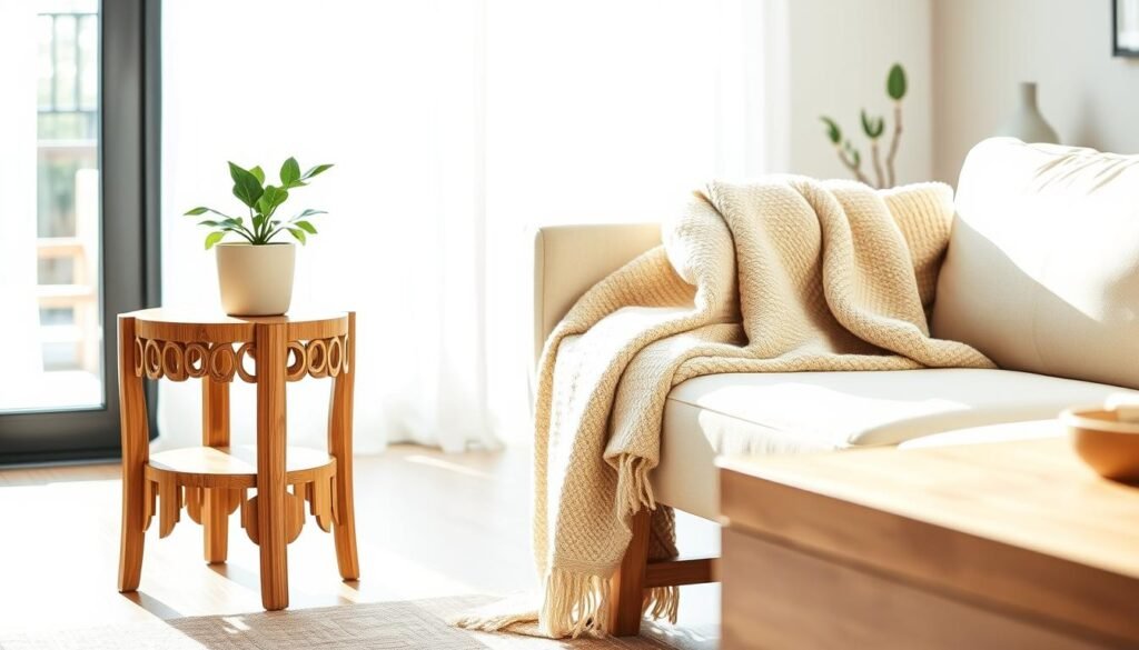A stylish living room showcasing wooden accent furniture, featuring a small, intricately carved side table and a minimalist wooden chair. The side table, with a natural finish, displays a decorative plant and a cozy throw blanket draped elegantly over the chair. In the background, a soft cream sofa complements the earthy tones of the wood. The scene is bathed in bright, natural light streaming through a large window, creating a warm and airy atmosphere. The lens captures the scene at a slightly elevated angle, emphasizing the textures of the wood and the inviting ambiance. The overall mood is serene and stylish, perfect for calm living room styling.