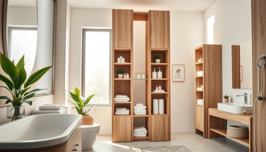 A stylish, modern bathroom featuring tall, elegant storage towers crafted from light-colored wood, organized neatly with neatly folded towels, toiletries, and decorative plants. The foreground captures the intricate details of the wood grain and the open shelves displaying bathroom essentials. In the middle, the storage towers rise majestically, showcasing a blend of practicality and aesthetics. Soft sunlight streams in through a frosted window, illuminating the space and creating a warm, inviting atmosphere. The background features a clean, minimalistic vanity and tasteful wall decor, enhancing the overall serenity of the bathroom. The composition emphasizes a bright, airy feel, ideal for a contemporary home setting.