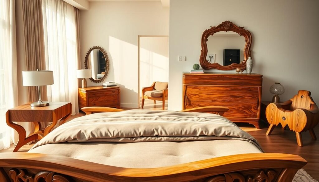 A stylish, modern bedroom featuring exquisite wooden furniture statement pieces. In the foreground, a beautifully crafted, natural wood bed frame with intricate carvings and a plush, neutral bedding set. On either side, unique wooden nightstands with artistic designs housing sleek table lamps. In the middle ground, a large, elegant wooden dresser with a rich grain, and a decorative mirror above it reflecting soft sunlight filtering through sheer curtains. The background shows a cozy reading nook with a wooden armchair and a small bookshelf, all bathed in bright, airy natural light to create a warm, inviting atmosphere. Capture this scene using a wide-angle lens for depth, highlighting the textures of the wood and the harmony of the space, promoting a sense of peaceful elegance.