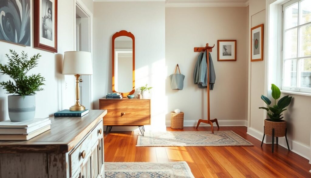 A stylish modern vintage entryway showcasing an inviting atmosphere. In the foreground, a distressed wooden console table adorned with an assortment of vintage books, a small potted plant, and a minimalist lamp. In the middle, a sleek, vintage-inspired mirror reflecting the soft sunlight streaming through a nearby window, paired with a contemporary coat rack in warm wood tones. The background features a cozy area rug on polished hardwood floors, and calming pastel wall colors blending seamlessly with classic framed artwork. The scene is brightly lit by natural light, creating an airy feel. The angle is slightly elevated, capturing the harmonious blend of modern and vintage elements, evoking a timeless appeal that feels both natural and welcoming.