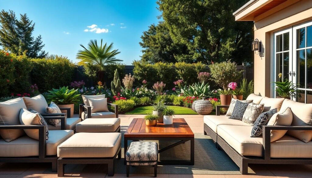 A stylish outdoor patio featuring modular seating designed for comfort and adaptability. In the foreground, a cozy arrangement of sectional chairs and ottomans in soft, neutral tones, surrounded by plush cushions. The middle ground reveals a sophisticated wooden coffee table with decorative plants. In the background, a lush garden with vibrant flowers and a clear blue sky under soft sunlight creates an inviting atmosphere. The scene is well-lit, emphasizing the warmth of the outdoor space. Capture the image from a slightly elevated angle to showcase the seating arrangement and its surroundings, highlighting the convenience and flexibility of modular design in creating an inviting backyard oasis. A stylish outdoor patio featuring modular seating designed for comfort and adaptability. In the foreground, a cozy arrangement of sectional chairs and ottomans in soft, neutral tones, surrounded by plush cushions. The middle ground reveals a sophisticated wooden coffee table with decorative plants. In the background, a lush garden with vibrant flowers and a clear blue sky under soft sunlight creates an inviting atmosphere. The scene is well-lit, emphasizing the warmth of the outdoor space. Capture the image from a slightly elevated angle to showcase the seating arrangement and its surroundings, highlighting the convenience and flexibility of modular design in creating an inviting backyard oasis.