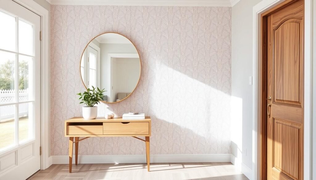 A stylish small entryway featuring wallpaper that blends elegance with practicality. In the foreground, a modern console table with a natural wood finish, adorned with a small potted plant and a minimalist decorative item. The middle ground showcases a beautifully designed wallpaper—subtle geometric patterns in soothing colors that evoke calmness and joy. The background includes a well-lit mirror reflecting soft natural light, enhancing the spacious feel. The atmosphere is airy, complemented by bright sunlight casting gentle shadows. The image captures the essence of a functional entryway, highlighting its beauty while emphasizing real-life utility, with no people present. A stylish small entryway featuring wallpaper that blends elegance with practicality. In the foreground, a modern console table with a natural wood finish, adorned with a small potted plant and a minimalist decorative item. The middle ground showcases a beautifully designed wallpaper—subtle geometric patterns in soothing colors that evoke calmness and joy. The background includes a well-lit mirror reflecting soft natural light, enhancing the spacious feel. The atmosphere is airy, complemented by bright sunlight casting gentle shadows. The image captures the essence of a functional entryway, highlighting its beauty while emphasizing real-life utility, with no people present.
