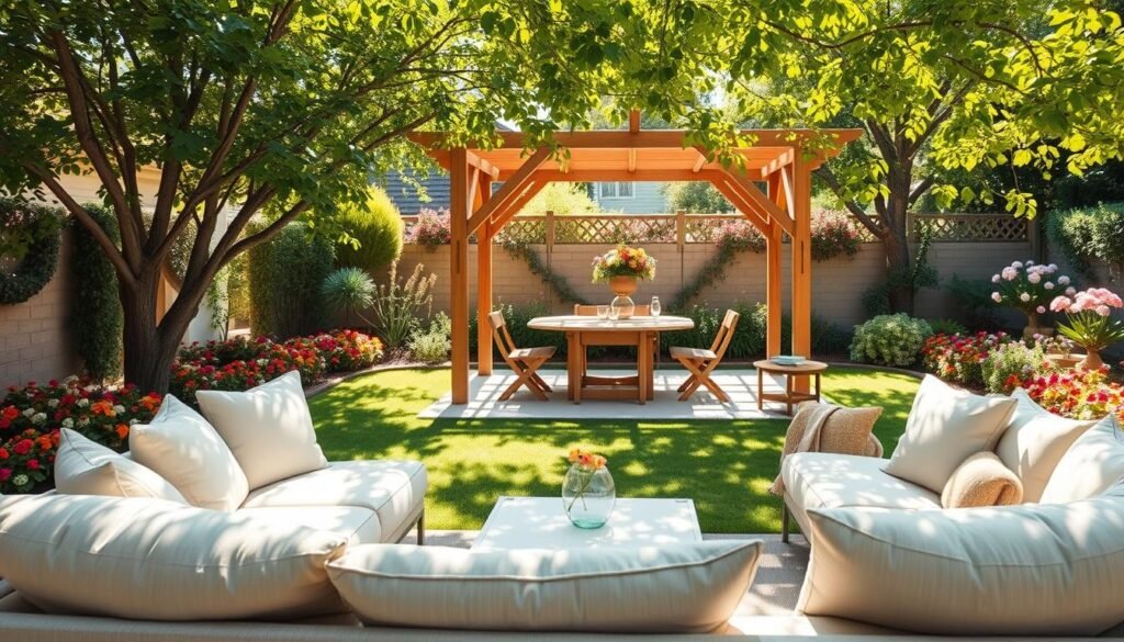 A sunny backyard scene featuring movable furniture and convertible seating, showcasing a stylish outdoor lounge area. In the foreground, include a light-colored, modular sofa with soft cushions, arranged around a low coffee table. In the middle ground, depict a versatile dining table with foldable chairs, set against a backdrop of lush greenery and colorful flower beds. The background should feature a charming wooden gazebo providing shade, with soft sunlight filtering through the leaves, creating an inviting atmosphere. The composition should be bright and airy, capturing a sense of comfort and relaxation throughout the day, with a focus on practical yet elegant outdoor living. Use a wide-angle lens to emphasize the spaciousness and warmth of the space.