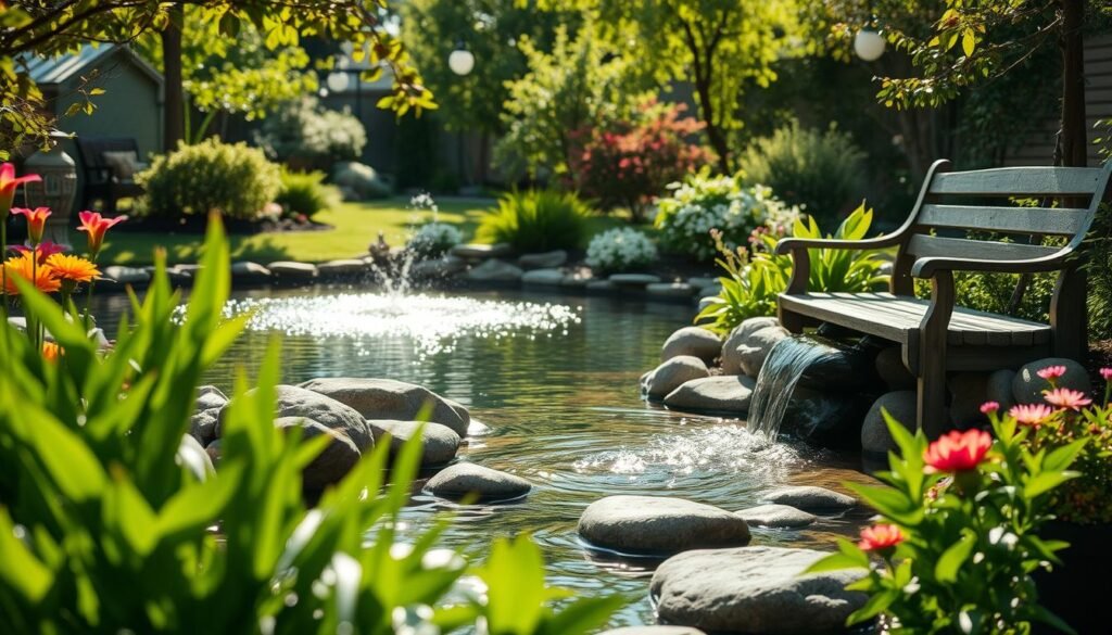 A tranquil backyard scene featuring a serene water feature, such as a small pond with a gentle waterfall cascading over smooth stones. In the foreground, lush green plants and colorful flowers frame the pond, while a wooden bench sits nearby, inviting relaxation. In the middle, the water sparkles in the soft sunlight, creating reflections that dance on the surface. The background reveals a well-kept garden with a variety of trees and shrubs, adding depth to the scene. The lighting is bright yet soft, with rays of sunlight filtering through the leaves, enhancing the peaceful atmosphere. The mood is one of calm and tranquility, perfect for fostering a sense of comfort in an outdoor space.