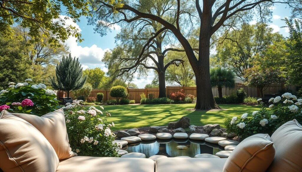 A tranquil backyard scene that embodies serenity and comfort, featuring a cozy seating area with plush cushions in natural tones. In the foreground, a rustic wooden bench surrounded by lush greenery and blooming flowers creates an inviting atmosphere. The middle ground showcases a small, gently flowing pond framed by smooth stones, reflecting the blue sky and white fluffy clouds. In the background, tall trees provide shade, their leaves softly rustling in the breeze, creating a sense of peace. Bright, natural light filters through the branches, casting soft shadows on the ground, while the overall composition suggests a warm, sunny day. The mood is serene and relaxing, perfect for unwinding in nature. No people are present, ensuring a focus on the tranquil environment.