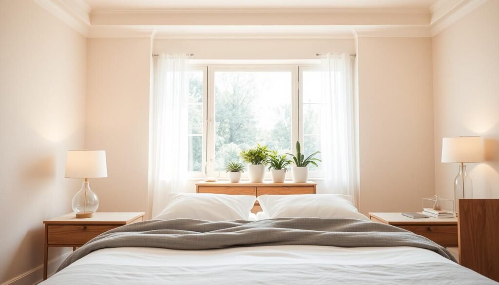 A tranquil bedroom adorned with calming, neutral colors, featuring soft beige walls and a light cream ceiling. In the foreground, a cozy bed dressed in simple white linens and a muted gray throw blanket. On either side of the bed, minimalist wooden nightstands hold delicate glass lamps casting a warm, gentle glow. In the middle, a large window allows streams of soft sunlight to filter in, illuminating the space and creating an airy atmosphere. The background showcases a tasteful wooden dresser with potted greenery, enhancing the serene vibe. The overall scene feels inviting and peaceful, perfect for creating a restful retreat. The lighting is bright yet soft, captured from a slightly elevated angle to emphasize the spaciousness and serenity of the room. A tranquil bedroom adorned with calming, neutral colors, featuring soft beige walls and a light cream ceiling. In the foreground, a cozy bed dressed in simple white linens and a muted gray throw blanket. On either side of the bed, minimalist wooden nightstands hold delicate glass lamps casting a warm, gentle glow. In the middle, a large window allows streams of soft sunlight to filter in, illuminating the space and creating an airy atmosphere. The background showcases a tasteful wooden dresser with potted greenery, enhancing the serene vibe. The overall scene feels inviting and peaceful, perfect for creating a restful retreat. The lighting is bright yet soft, captured from a slightly elevated angle to emphasize the spaciousness and serenity of the room.