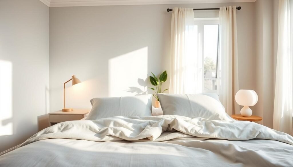 A tranquil bedroom scene showcasing serene color palettes for restful spaces. In the foreground, a neatly made bed with soft, muted bedding in shades of pale blue and gentle beige. Fluffy pillows are artistically arranged, adding visual comfort. The middle ground features a stylish nightstand with a sleek lamp casting warm, diffused light, and a small potted plant enhancing the calming atmosphere. The background reveals softly painted walls in soothing pastel colors, and an airy window drenched in natural light, with sheer curtains fluttering slightly. The overall mood is serene and inviting, emphasizing simplicity and tranquility, with bright sunlight flooding the room, creating soft shadows for an inviting, cozy feel. Use a wide-angle lens perspective to capture the full essence of this peaceful space.