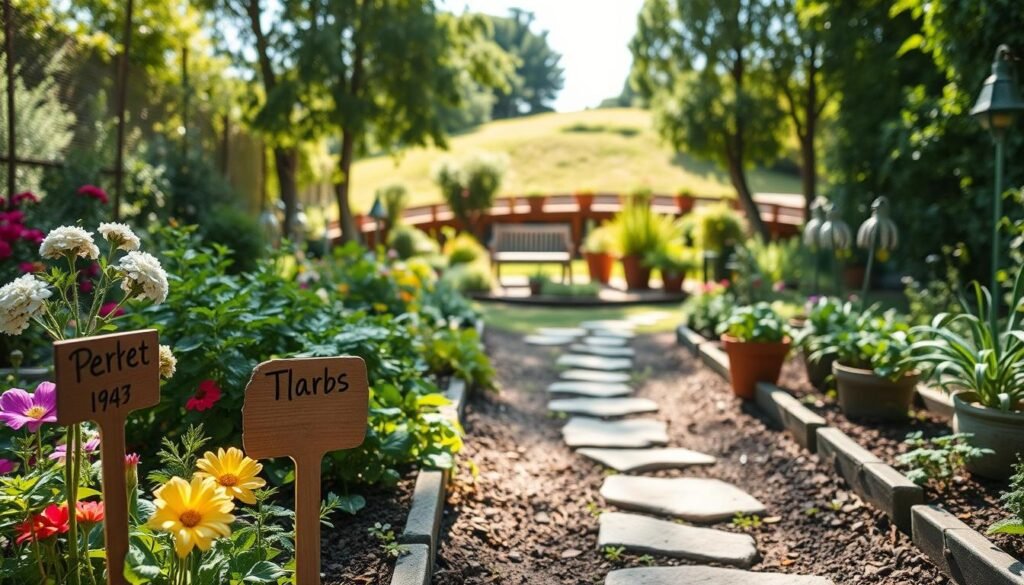 A tranquil garden scene depicting various garden label ideas, thoughtfully designed. In the foreground, rustic wooden markers with handwritten plant names are placed beside blooming flowers, herbs, and neatly arranged vegetable rows. The middle ground features a well-maintained garden path, with delicate stepping stones leading towards a small seating area adorned with potted plants. The background showcases a gently sloped backyard, framed by lush greenery, creating a sense of openness. Natural, bright sunlight filters through the trees, casting soft, warm light across the scene, enhancing the inviting atmosphere. The image should convey a sense of balance and proportion, highlighting the harmony of garden elements while avoiding overwhelming sensations. Capture this idyllic moment from a slightly elevated angle for depth and perspective. A tranquil garden scene depicting various garden label ideas, thoughtfully designed. In the foreground, rustic wooden markers with handwritten plant names are placed beside blooming flowers, herbs, and neatly arranged vegetable rows. The middle ground features a well-maintained garden path, with delicate stepping stones leading towards a small seating area adorned with potted plants. The background showcases a gently sloped backyard, framed by lush greenery, creating a sense of openness. Natural, bright sunlight filters through the trees, casting soft, warm light across the scene, enhancing the inviting atmosphere. The image should convey a sense of balance and proportion, highlighting the harmony of garden elements while avoiding overwhelming sensations. Capture this idyllic moment from a slightly elevated angle for depth and perspective.