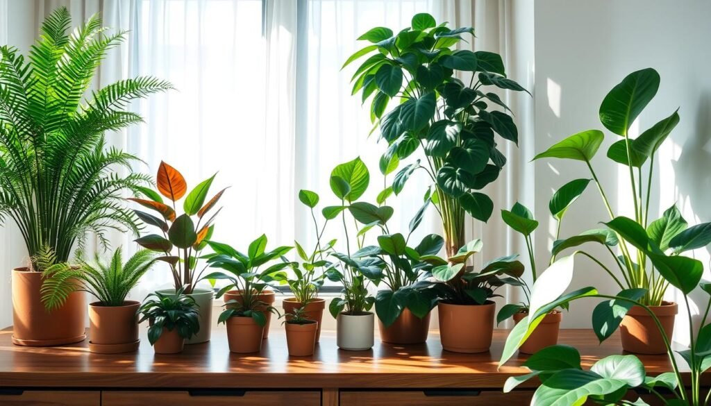 A tranquil indoor scene showcasing a collection of humidity-loving plants, such as lush ferns, vibrant philodendrons, and graceful peace lilies. In the foreground, a glossy wooden shelf displays a variety of pots in earthy tones, showcasing diverse plant shapes and sizes. The middle ground features a large window with soft sunlight streaming through sheer curtains, creating an airy atmosphere. Light dapples across the plants, highlighting the rich greens and their intricate leaves. In the background, gentle reflections can be seen on the wall, enhancing the serene vibe of the space. The entire composition evokes a sense of calm and connection to nature, ideal for creating a thoughtful, low-effort plant styling that transforms any room into a verdant oasis.