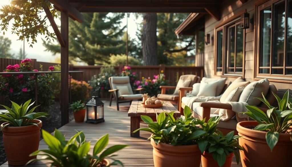 A tranquil outdoor sanctuary nestled in a cozy backyard, featuring a wooden deck adorned with comfortable seating and soft, earthy cushions. In the foreground, lush green plants in terracotta pots create a vibrant border, while a softly glowing lantern adds warmth. The middle ground showcases a rustic wooden coffee table, surrounded by a few plush chairs, with a lightweight throw draped casually over one. In the background, tall trees and colorful flowering shrubs create a serene atmosphere, bathed in soft, natural sunlight filtering through the leaves. The scene captures a sense of relaxation and comfort, with an inviting ambiance perfect for unwinding. Shot with a wide-angle lens to convey spaciousness, the lighting highlights the textures of wood and greenery, enhancing the peaceful mood of this personal outdoor sanctuary.