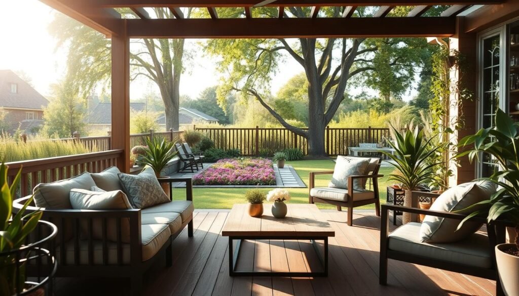 A tranquil outdoor space featuring a cozy backyard seating area that invites relaxation. In the foreground, a wooden deck with plush, neutral-toned cushions and a stylish outdoor coffee table set against a backdrop of lush greenery. The middle ground showcases potted plants and a vibrant flower bed, contributing to a welcoming atmosphere. In the background, a peaceful garden with tall trees filtering soft, warm sunlight creates an inviting ambiance. The scene is captured from a slightly elevated angle to emphasize the spaciousness, incorporating bright natural light to enhance the feeling of openness. The overall mood is serene and inviting, encouraging viewers to envision a comfortable spot to unwind outdoors. A tranquil outdoor space featuring a cozy backyard seating area that invites relaxation. In the foreground, a wooden deck with plush, neutral-toned cushions and a stylish outdoor coffee table set against a backdrop of lush greenery. The middle ground showcases potted plants and a vibrant flower bed, contributing to a welcoming atmosphere. In the background, a peaceful garden with tall trees filtering soft, warm sunlight creates an inviting ambiance. The scene is captured from a slightly elevated angle to emphasize the spaciousness, incorporating bright natural light to enhance the feeling of openness. The overall mood is serene and inviting, encouraging viewers to envision a comfortable spot to unwind outdoors.