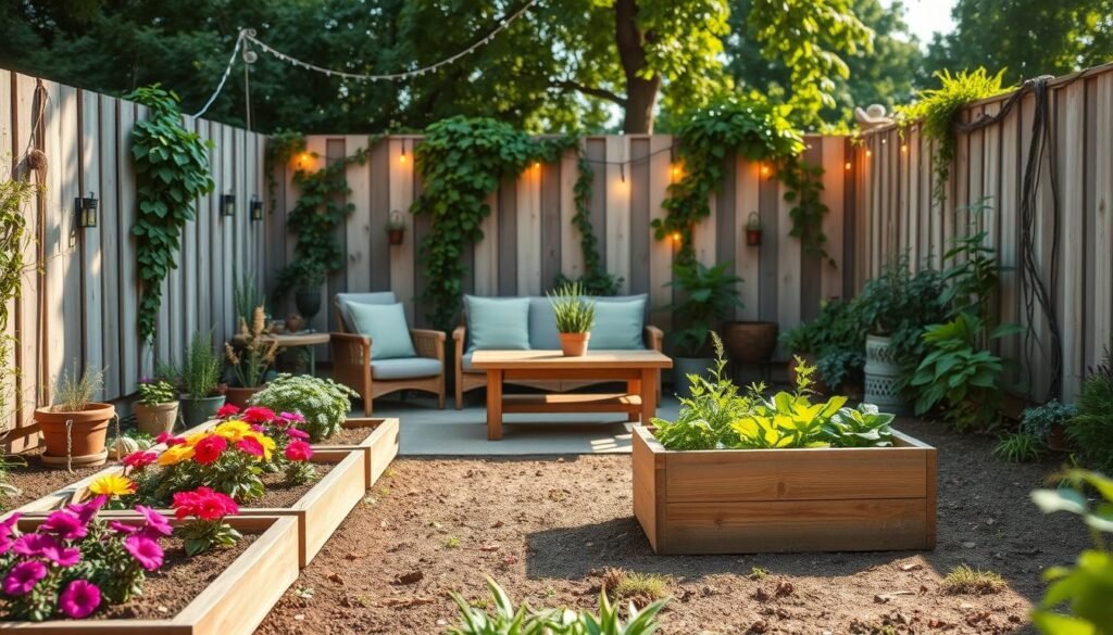 A vibrant DIY garden design scene showcasing an empty backyard transformed into a cozy outdoor living area. In the foreground, create distinct planting areas with colorful flower beds, herbs, and lush greenery. Incorporate a handcrafted wooden planter box filled with thriving vegetables. In the middle, place a comfortable seating arrangement with weather-resistant cushions and a wooden table, perfect for relaxation. The background features a softly lit fence adorned with climbing vines and decorative fairy lights, enhancing the inviting atmosphere. Capture the image in bright natural light, emphasizing the soft sunlight filtering through leaves, creating a warm and airy ambiance. The overall mood should be one of tranquility and inspiration, ideal for those looking to cultivate their own garden oasis.
