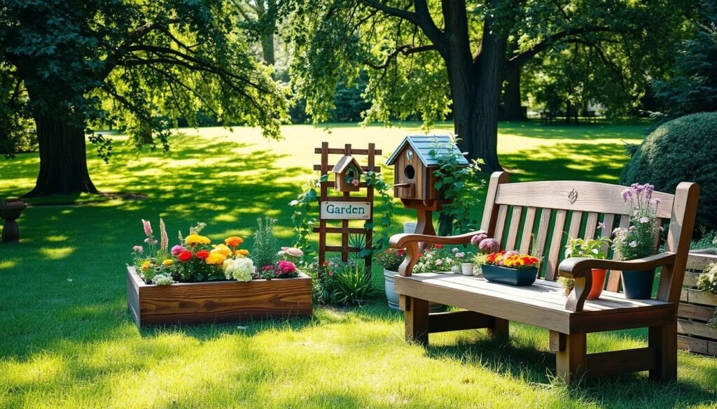 A vibrant backyard scene showcasing a variety of engaging DIY garden projects. In the foreground, there's a wooden planter box overflowing with colorful flowers and herbs, alongside a rustic garden bench made from reclaimed wood. In the middle, a small trellis adorned with climbing vines supports a whimsical birdhouse, and a painted garden sign adds charm. The background features a lush green lawn, dappled with sunlight filtering through the branches of tall trees, creating a warm, inviting atmosphere. The composition is well-balanced, with soft natural light illuminating the projects, enhancing the textures of the wood and the vivid colors of the plants. Capture this scene from a slightly elevated angle to emphasize the engaging layout, evoking a sense of comfort and creativity in a serene outdoor space.
