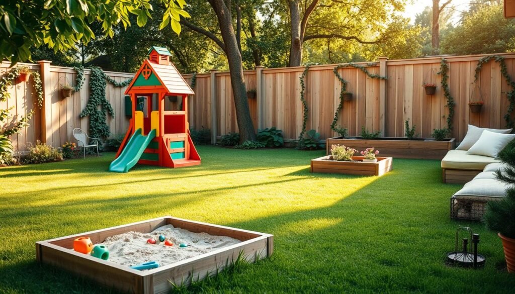 A vibrant, kid-friendly backyard design featuring a colorful playset with a slide and swings, nestled in a lush green lawn. In the foreground, a small sandbox with toys invites play. The middle ground includes a garden area with raised beds filled with flowers and vegetables, while cozy seating with cushions encourages family gatherings. The background showcases a wooden fence adorned with climbing vines and fairy lights. Soft, natural sunlight filters through the trees, creating a warm, inviting atmosphere. The scene exudes a sense of joy and safety, perfect for children and pets to explore freely. Capture this image with a slight angle to emphasize depth, highlighting the cheerful and connected feel of an outdoor space.