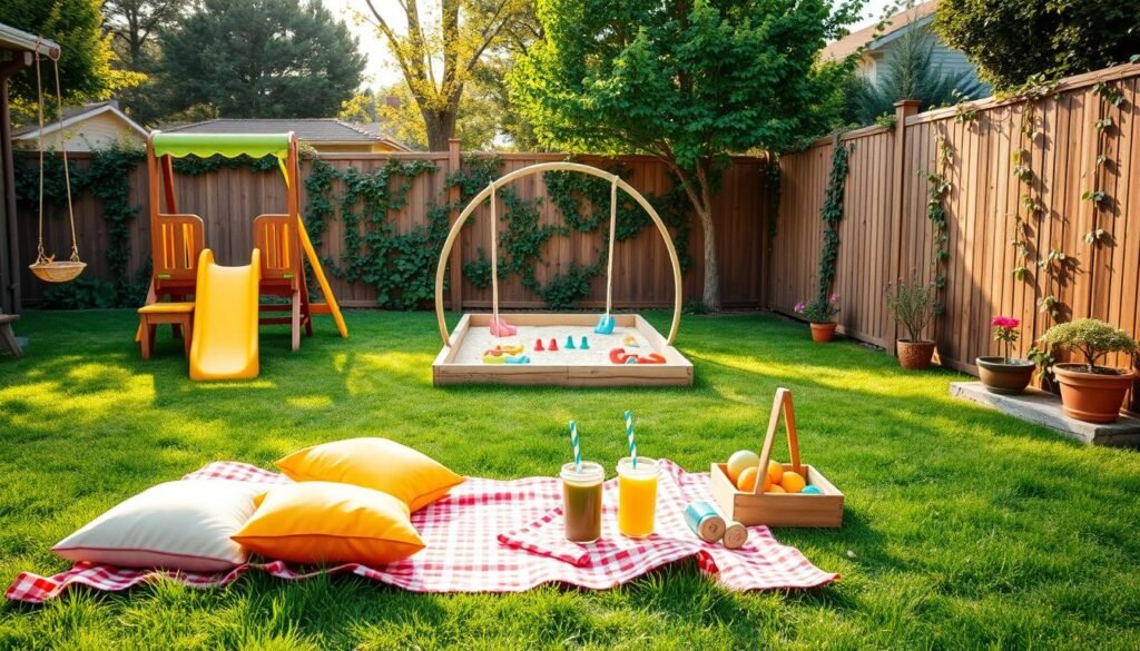 A vibrant, kid-friendly backyard featuring a colorful playset with a slide and swings, nestled on soft green grass. In the foreground, a picnic blanket with bright cushions and a small table set with fresh fruits and juice boxes. In the middle, a small sandbox surrounded by wooden borders, with colorful beach toys scattered around, and a few potted flowers adding splashes of color. In the background, a wooden fence lined with climbing vines and a few tall trees providing gentle shade. The scene is bathed in warm, soft sunlight, creating a cheerful and inviting atmosphere. The view is slightly elevated to capture the entirety of this playful space, emphasizing comfort and simplicity, perfect for children to explore and enjoy.
