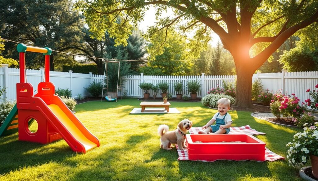 A vibrant kid-friendly backyard scene featuring a colorful playground with a slide, swings, and a sandbox in the foreground. Nearby, a small dog plays happily with a child, both laughing and enjoying the day. In the middle ground, there's a cozy picnic area with a checkered blanket spread out, surrounded by lush green grass and flowering bushes. A large tree provides shade, with soft sunlight filtering through the leaves. In the background, a white fence encloses the yard, and a garden blooms with vegetables and flowers. The atmosphere is cheerful and inviting, bathed in bright natural light that creates a warm and airy feeling, capturing the essence of comfort from morning to evening.