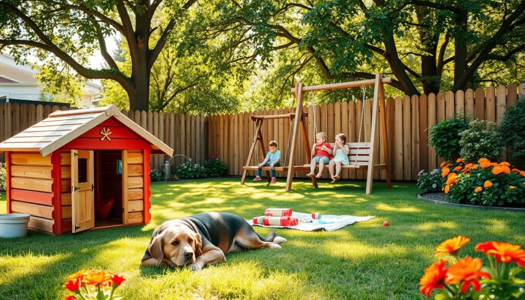 A vibrant, kid-friendly backyard scene filled with playful elements. In the foreground, a colorful, safe play area features a small wooden playhouse and a soft grass surface scattered with cheerful toys. A friendly dog lies beside a children’s picnic blanket. The middle ground showcases a wooden swing set with a few children playing, dressed in casual clothing. Bright flowers and low-maintenance plants frame the scene. In the background, a charming wooden fence surrounds the yard, sunlight streaming through the leaves of mature trees, casting dappled shadows. The image evokes a warm, inviting atmosphere, with bright colors and the essence of joy and comfort, captured in soft, natural lighting that enhances the inviting feel of a family-friendly space.