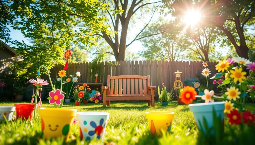 A vibrant kids' garden art scene showcasing colorful handmade decorations scattered throughout a lush backyard. In the foreground, cheerful flower pots painted by children display bright patterns and playful designs. The middle features a small wooden garden bench surrounded by handmade wind chimes and sun catchers that shimmer in the sunlight. The background is filled with leafy trees and a blue sky, with soft sunlight filtering through the leaves, creating a warm, inviting atmosphere. The overall mood is playful and creative, capturing the essence of a nurturing outdoor space where children can engage, explore, and express their creativity through art. The composition should emphasize natural light, with a focus on how joy and creativity can transform an empty backyard into a lively activity space.