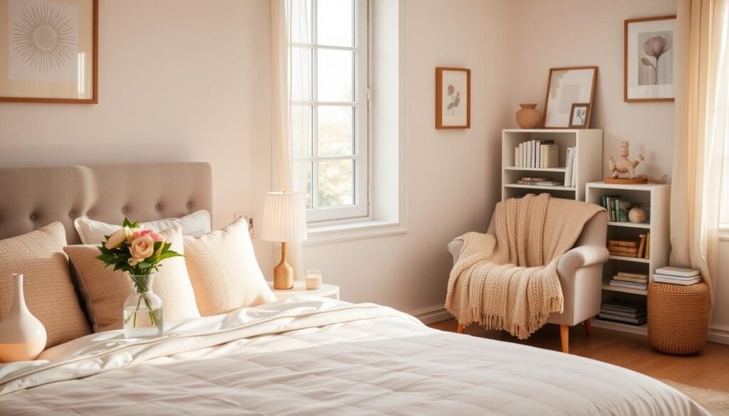 A warm and inviting bedroom decor scene, featuring a cozy queen-size bed dressed in soft, neutral linens and an array of textured throw pillows in pastel shades. In the foreground, a stylish nightstand holds a small vase of fresh flowers and a soft, glowing lamp. The middle ground showcases an inviting reading nook with a plush armchair draped in a knitted throw, next to a small bookshelf filled with an assortment of books and some decorative items. The background reveals light-colored walls adorned with subtle artwork and a window allowing soft, natural sunlight to filter in, illuminating the space. The mood is tranquil and serene, evoking a sense of comfort and warmth, enhanced by a bright, airy atmosphere that balances light and cozy elements.
