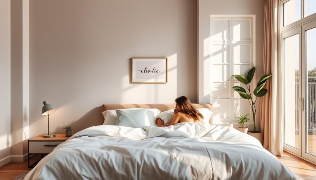 A warm and inviting couples' bedroom featuring an accent wall with soft, muted pastel colors and subtle textures. In the foreground, a cozy bed dressed with fluffy white bedding and throw pillows, flanked by modern bedside tables with small potted plants and warm bedside lamps. The middle ground showcases a stylish accent wall adorned with delicate wall art and ambient lighting, creating a serene focal point. The background includes large windows allowing bright, natural light to filter in, casting gentle shadows and highlighting wooden furniture. The atmosphere is airy and relaxing, emphasizing a sense of comfort and coziness, ideal for intimate evenings. Soft sunlight enhances the tranquil vibe, emphasizing the layers of light, shadows, and textures in a harmonious interior space.