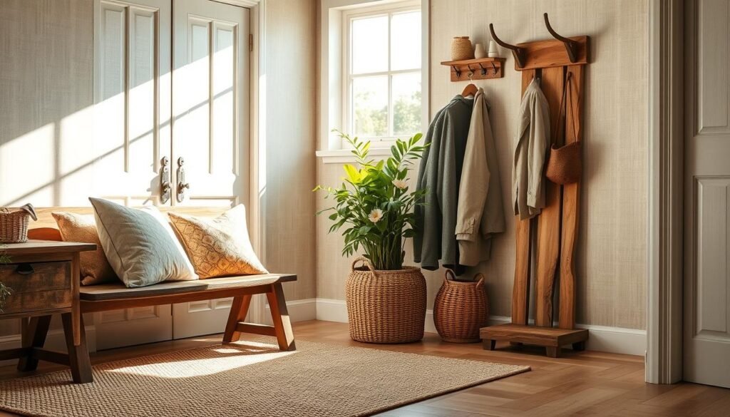 A warm and inviting entryway featuring an array of textures to evoke a sense of welcome. In the foreground, a rustic wooden bench adorned with soft, patterned throw pillows sits atop a natural fiber rug. The middle layer showcases a woven basket filled with vibrant greenery, alongside a stylish coat rack made of reclaimed wood. The background is illuminated by bright, soft sunlight streaming through a large window, casting gentle shadows and enhancing the textures of the walls, which are adorned with subtle linen wallpaper. The scene captures a serene and airy atmosphere, reflecting the beauty of natural materials and the play of light. The composition is photographed from a slightly elevated angle to showcase the cohesive layering of textures and inviting ambiance.
