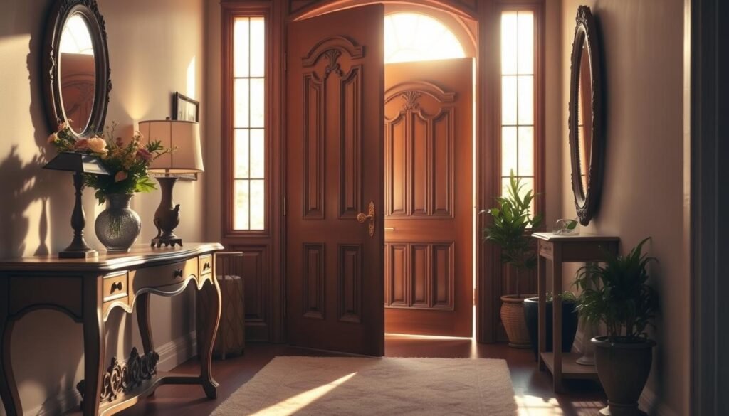 A warm and inviting entryway that exudes charm and elegance, featuring a beautifully crafted wooden door with intricate carvings, open wide to let in soft, golden sunlight. In the foreground, a stylish console table adorned with a vase of fresh flowers and a vintage lamp casts gentle shadows. The middle ground showcases a plush area rug leading to the door, while a tasteful mirror reflects the natural light, enhancing the airy atmosphere. In the background, potted plants add a touch of greenery, completing the serene ambiance. The scene is captured with a wide-angle lens to emphasize the spaciousness, with soft lighting creating a welcoming glow that evokes a sense of warmth and homecoming.