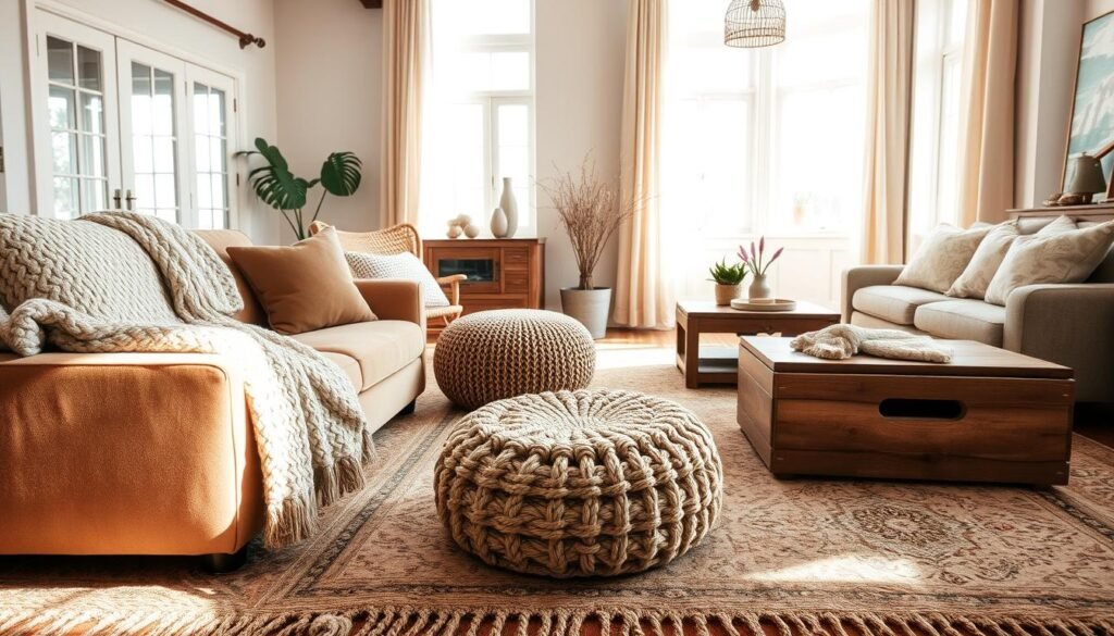 A warm and inviting living room setting, featuring a variety of cozy textures that enhance the sense of comfort. In the foreground, a plush knitted throw drapes over a soft velvet couch, paired with a chunky woven pouf. The middle ground showcases an intricately patterned area rug that adds depth, surrounded by rustic wooden coffee tables and cushions in various soft fabrics. The background reveals large windows allowing bright, natural light to flood the room, creating soft shadows that accentuate the textures. The atmosphere is serene and welcoming, evoking a sense of tranquility. Use bright, airy lighting with soft sunlight filtering through the curtains, capturing the essence of warmth and coziness in home décor. A warm and inviting living room setting, featuring a variety of cozy textures that enhance the sense of comfort. In the foreground, a plush knitted throw drapes over a soft velvet couch, paired with a chunky woven pouf. The middle ground showcases an intricately patterned area rug that adds depth, surrounded by rustic wooden coffee tables and cushions in various soft fabrics. The background reveals large windows allowing bright, natural light to flood the room, creating soft shadows that accentuate the textures. The atmosphere is serene and welcoming, evoking a sense of tranquility. Use bright, airy lighting with soft sunlight filtering through the curtains, capturing the essence of warmth and coziness in home décor.