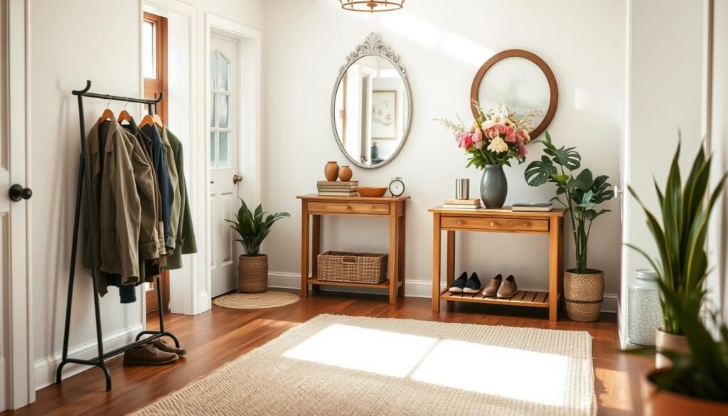 A welcoming entryway decor scene featuring a beautifully arranged space that exudes warmth and hospitality. In the foreground, a wooden console table adorned with a vase of fresh flowers and a few decorative books. To the left, a stylish coat rack holding a couple of neatly hung jackets, while a pair of well-placed shoes sit beneath the table. In the middle ground, a large, cozy area rug adds texture, and a charming mirror reflects soft natural light streaming in from a nearby window. The background showcases a lightly painted wall with subtle artwork that complements the overall aesthetic. Bright, airy atmosphere with soft sunlight streaming through the window, creating a sense of openness and inviting comfort. The mood is serene, perfect for making a strong first impression.