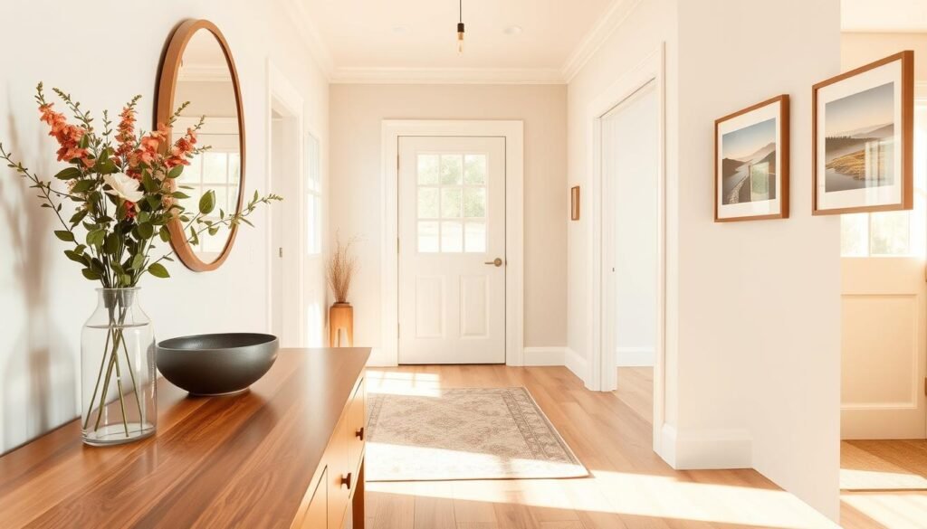 A welcoming entryway designed with color psychology in mind, featuring warm tones like soft beige and gentle sage green. In the foreground, a polished wooden console table holds a vase with fresh flowers and a decorative bowl. The middle section showcases a stylish hallway rug that invites guests, while a round mirror reflects soft sunlight coming through a nearby window. The background includes light, airy walls adorned with tasteful framed art, showcasing calming landscapes. The entire scene is bathed in bright natural light, creating an inviting atmosphere that suggests warmth and balance. Use a wide-angle lens to capture the subtle depth of the space, ensuring a cozy, welcoming feel that encourages a positive first impression.