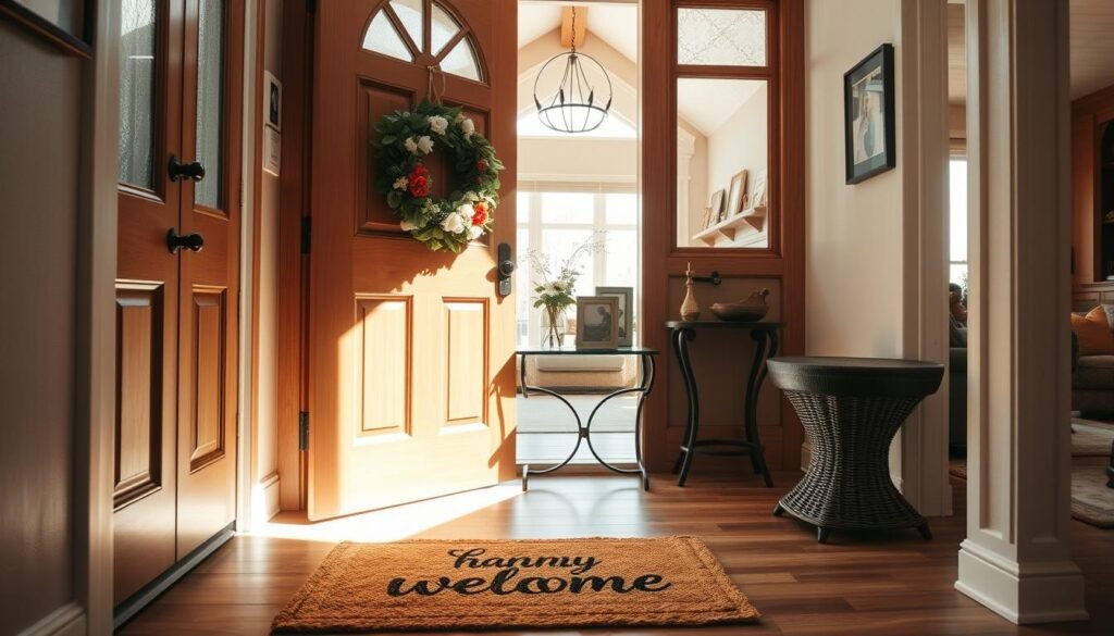 A welcoming entryway featuring a charming wooden front door adorned with a seasonal wreath. In the foreground, a coir doormat with a friendly message invites visitors in. The middle ground includes a small, stylish console table decorated with a fresh vase of flowers, framed photos, and a decorative bowl. Natural light floods the space through frosted glass sidelights, creating a warm atmosphere. The background showcases a glimpse of a cozy, well-lit living room, with soft, neutral walls and wooden accents. The overall mood is inviting and homey, captured in bright, soft sunlight from a sunny day, creating a serene and friendly impression. Angle the shot to highlight depth and invitation, emphasizing a clean, organized, and aesthetically pleasing entryway.