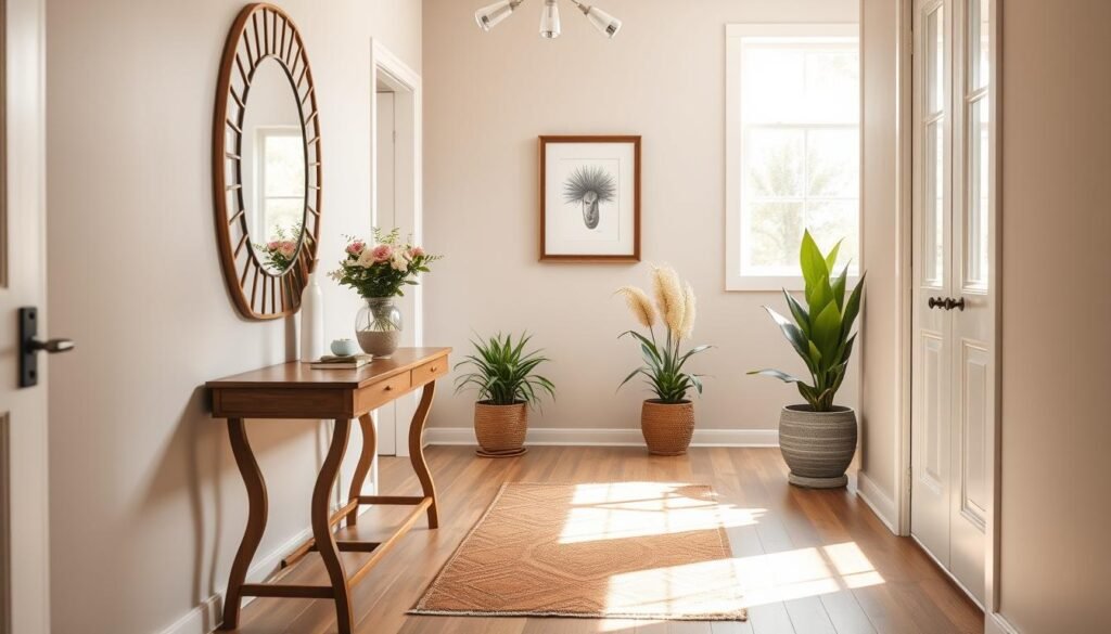 A welcoming entryway showcasing a cozy and inviting atmosphere. In the foreground, a beautiful wooden console table adorned with a vase of fresh flowers and a decorative mirror reflects the soft, natural light. In the middle, a stylish runner rug adds warmth to the space, while a pair of potted plants flanking the table bring a touch of greenery. The background features a neutral-colored wall with framed artwork, illuminated by gentle sunlight streaming through a nearby window, creating an airy feel. The overall mood evokes comfort and hospitality, inviting visitors to step inside and feel at home. Aim for a realistic, beautifully composed image with a focus on home décor elements, emphasizing bright, natural lighting.