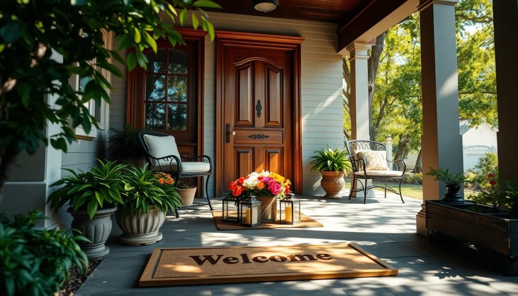 A welcoming home entrance featuring a beautifully crafted wooden door with intricate details, set against a backdrop of a charming porch adorned with potted plants and soft, inviting furniture. The foreground showcases a natural wood welcome mat, while the middle displays a warm arrangement of vibrant flowers and decorative lanterns. Sunlight gently filters through the leaves of nearby trees, casting a soft, dappled light that enhances the airy atmosphere. In the background, a well-maintained pathway leads up to the entrance, creating an inviting sense of arrival. The scene conveys a feeling of warmth and openness, making it a perfect first impression for any guest. Use a wide-angle lens for depth, focusing on the interplay of light and shadow.