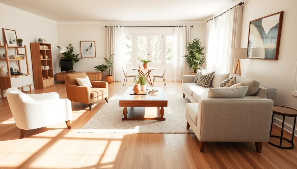 A well-designed living room that emphasizes natural traffic flow patterns, featuring a spacious layout. In the foreground, a cozy seating area with a stylish sofa and a couple of accent chairs arranged to promote conversation, all in soft neutral tones. The middle ground showcases a beautifully crafted wooden coffee table, with a few decorative items and plants that enhance the inviting atmosphere. To the background, a bright window allowing soft, airy natural light to stream in, illuminating the room and casting gentle shadows. The flooring is a light hardwood, complementing the decor. Capture the feeling of comfort and openness, with an inviting, organized layout that makes the space feel welcoming and functional. Shot with a wide-angle lens to encompass the entire room, emphasizing the seamless flow between areas.