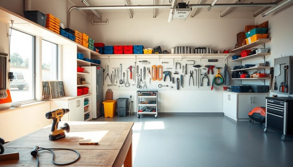 A well-organized garage featuring bright shelving units filled with neatly arranged tools, boxes, and bins in various colors. In the foreground, a sturdy wooden workbench with a few essential tools like a drill and a saw, illuminated by soft sunlight streaming through a large window. In the middle ground, pegboards displaying hand tools in an orderly fashion, with a rolling tool cart beside them. The background shows a clean, spacious garage with a freshly painted floor and unobstructed space for a vehicle. The scene is airy and well-lit, evoking a sense of calm and productivity, perfect for a DIY enthusiast. The perspective offers a slightly elevated view to capture the full breadth of the organized space.