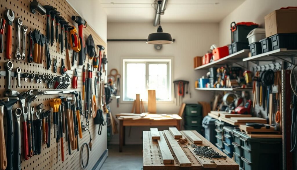 A well-organized pegboard tool wall in a bright, airy garage or workshop environment. The foreground features a variety of essential tools such as wrenches, hammers, screwdrivers, and drill bits, all neatly arranged on the pegboard with color-coded hooks for easy access. In the middle ground, a workbench is visible, cluttered yet organized with woodworking materials, like planks and screws, illuminated by soft sunlight streaming through a nearby window. The background includes shelves filled with additional tools and storage bins, adding depth to the scene. The atmosphere is productive and inviting, showcasing an ideal space for DIY home projects. The lighting is bright but soft, enhancing the colors of the tools while casting gentle shadows. Capture this scene from a slightly elevated angle to emphasize the depth and organization of the tool wall. A well-organized pegboard tool wall in a bright, airy garage or workshop environment. The foreground features a variety of essential tools such as wrenches, hammers, screwdrivers, and drill bits, all neatly arranged on the pegboard with color-coded hooks for easy access. In the middle ground, a workbench is visible, cluttered yet organized with woodworking materials, like planks and screws, illuminated by soft sunlight streaming through a nearby window. The background includes shelves filled with additional tools and storage bins, adding depth to the scene. The atmosphere is productive and inviting, showcasing an ideal space for DIY home projects. The lighting is bright but soft, enhancing the colors of the tools while casting gentle shadows. Capture this scene from a slightly elevated angle to emphasize the depth and organization of the tool wall.