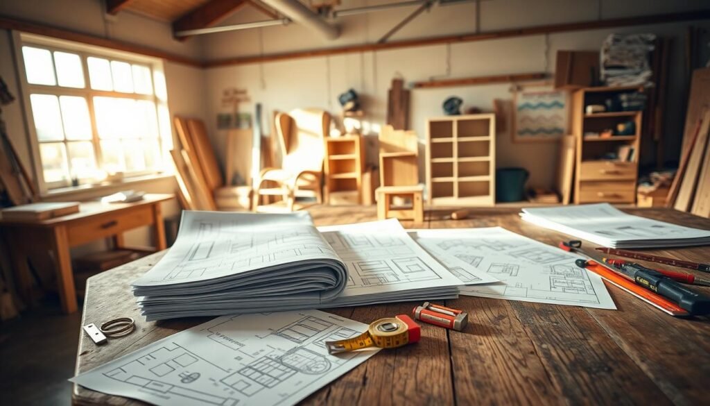 A well-organized workshop scene showcasing a variety of DIY furniture plans laid out on a large, rustic wooden workbench. In the foreground, prominently display a stack of blueprints and furniture design sketches, with tools such as a saw, measuring tape, and wood clamps neatly arranged around them. In the middle, include partially assembled furniture pieces like a wooden chair and a simple bookshelf, demonstrating the progress of a DIY project. The background should reveal a bright, airy workshop illuminated by soft sunlight streaming in through a window, casting gentle shadows and creating a warm, inviting atmosphere. The overall mood is inspiring and creative, perfect for DIY enthusiasts.